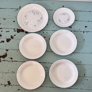 CORELLE Celestial Blue 10” & 7.25” pattern plate 4 blue rim 8.25” bowls 1980’s